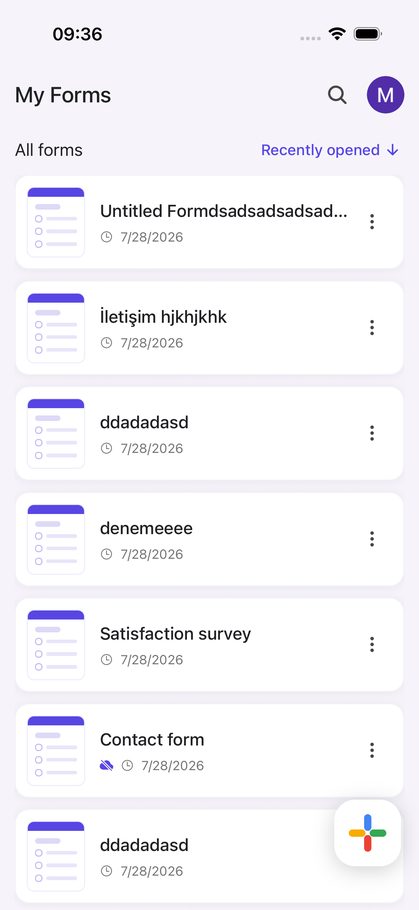 Form Editor showing a list of the user's Google Forms